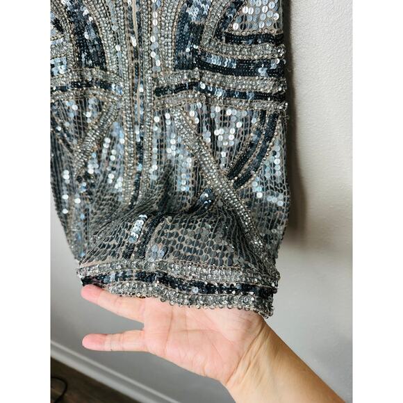 Parker Gray Silver & Rose Gold Sequin Aztec Print V-Neck Cap Sleeve Mini Dress S - Picture 9 of 13